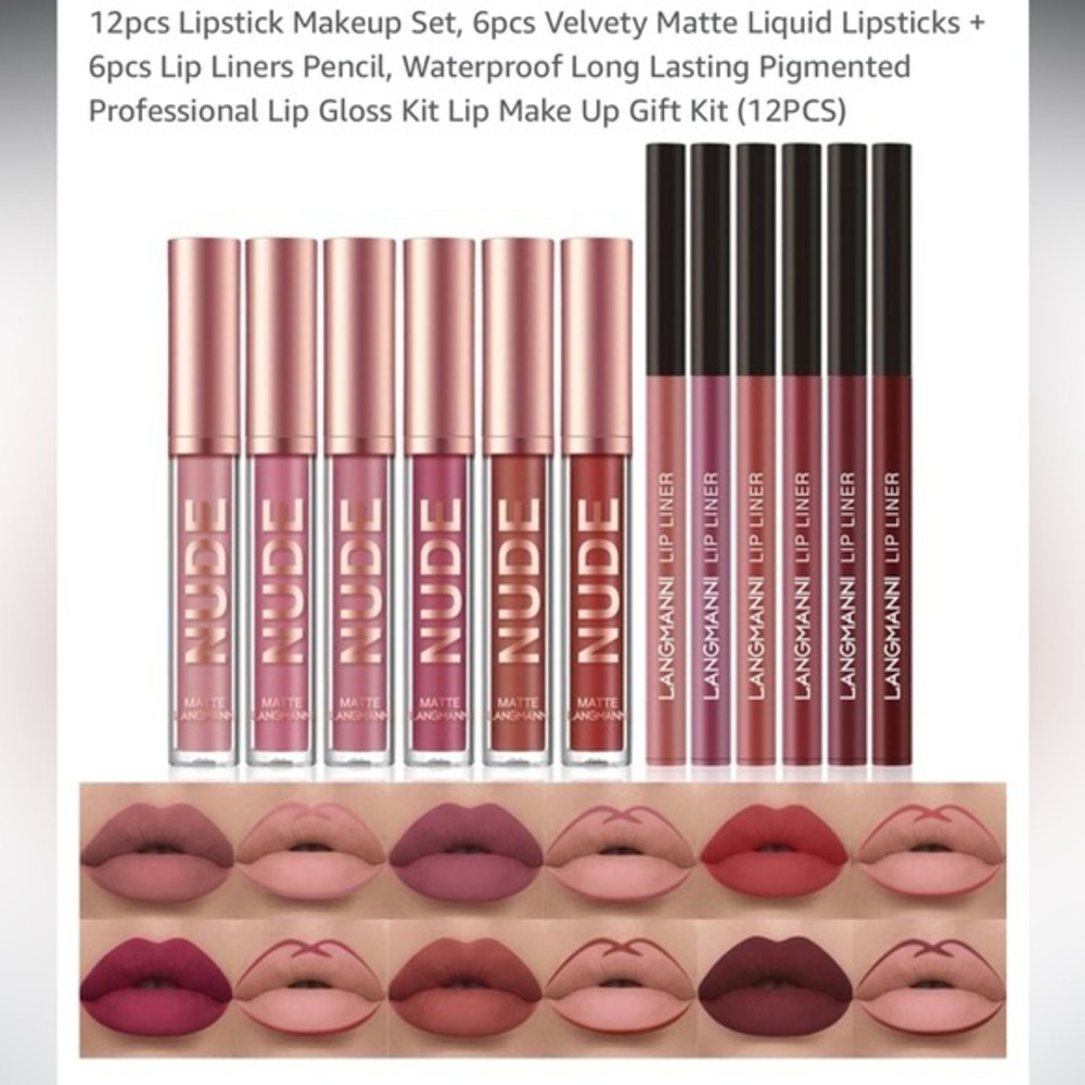 New Langmanni 12 pc Velvety Matte Liquid Lipstick + Lipliner Set Nude Pink Red